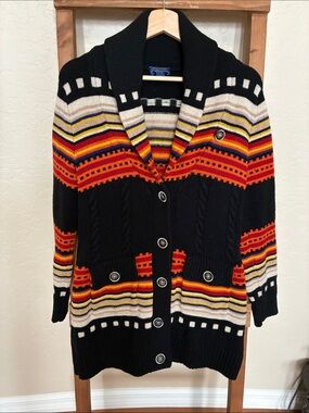 Pendleton Black Shawl-Collar Cardigan with Red, Orange & Cream Stripes